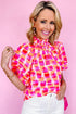Abstract Print Button Back Ruffed High Neck Blouse
